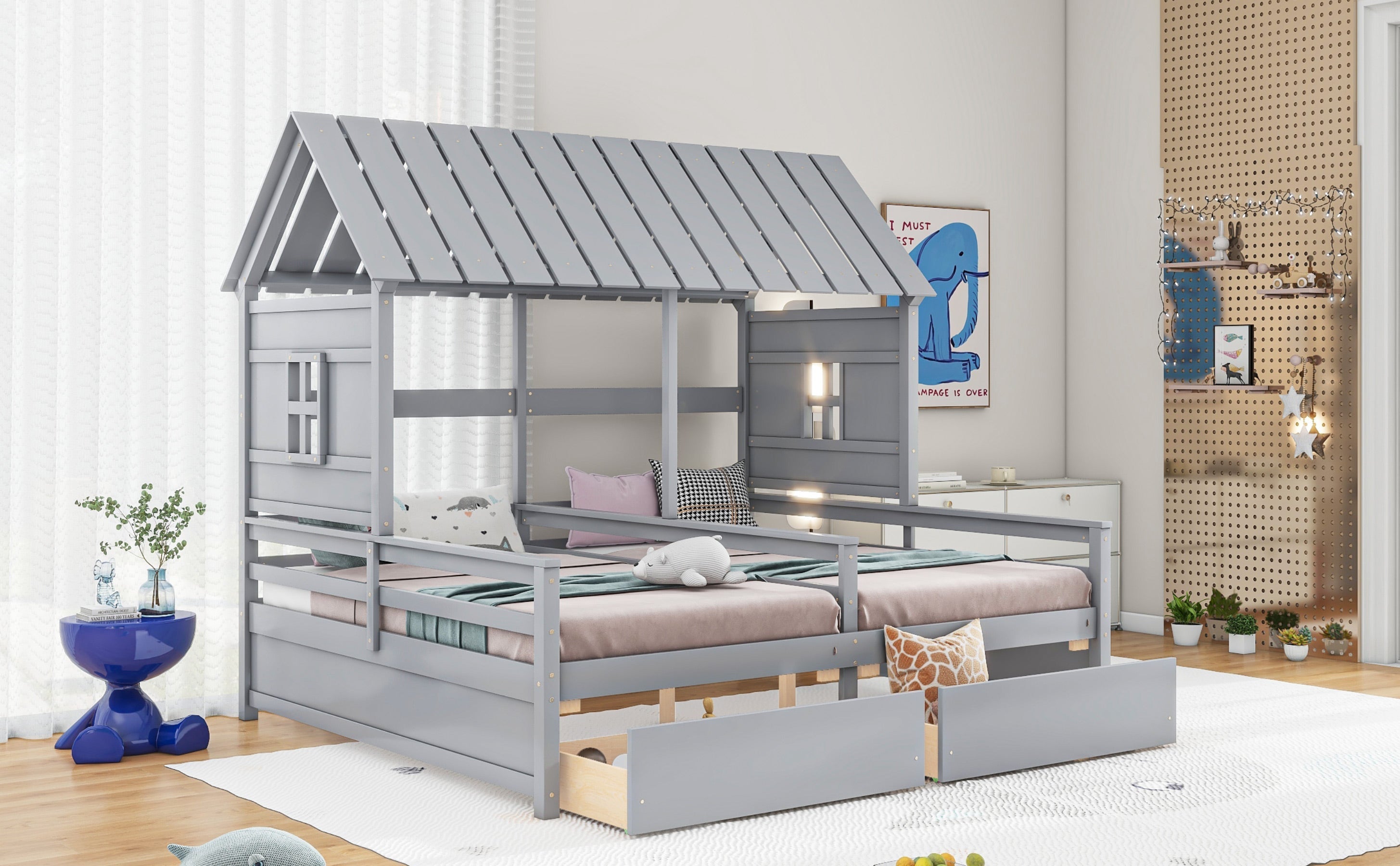 Twin Size House Platform Beds with Storage Drawers