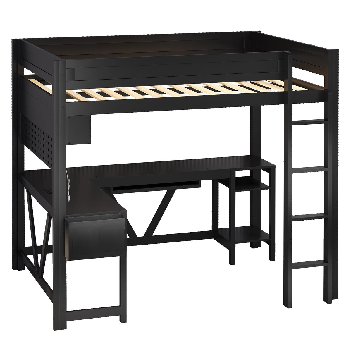 Wood Full Size Gaming Loft Bed with Desk, Storage Shelves, LED and Charging Station