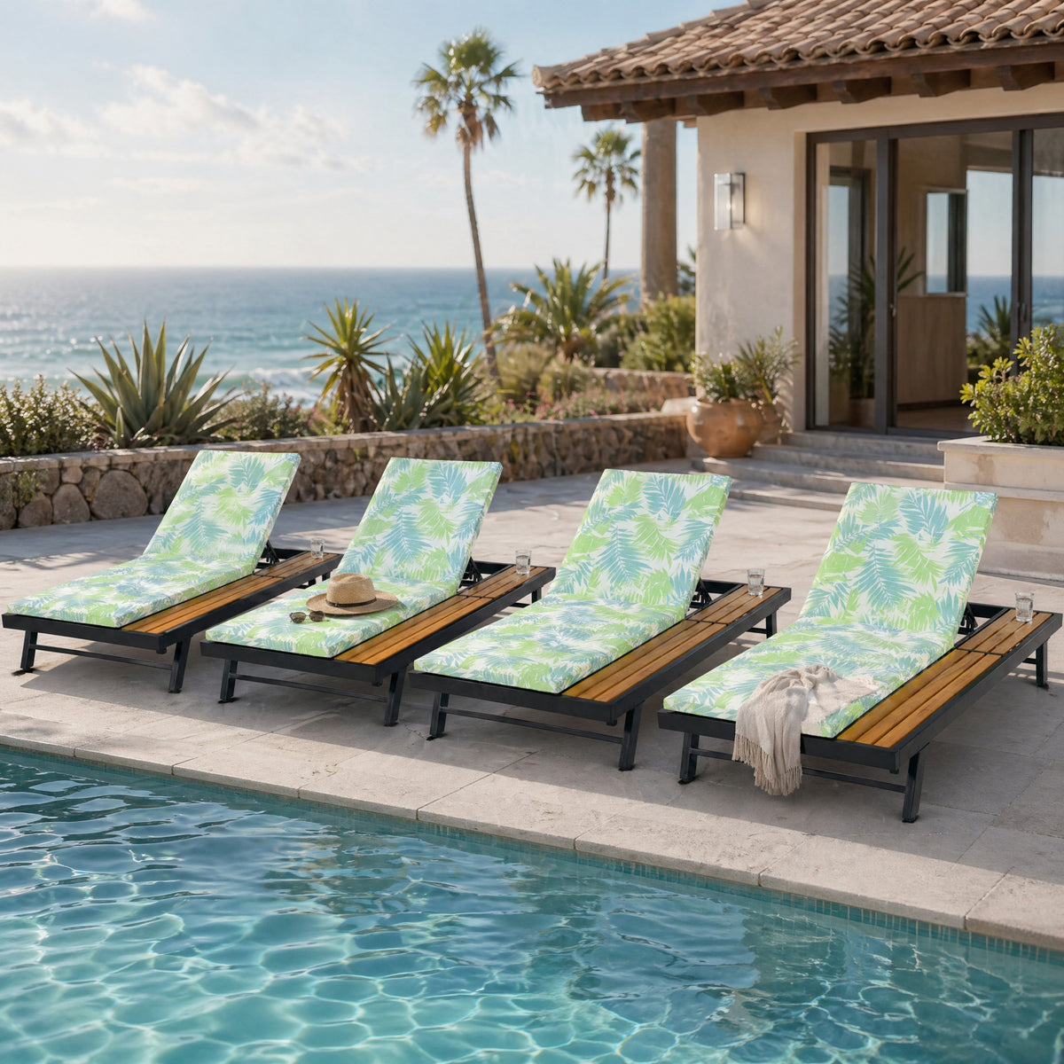 Black Iron + Teak Finish Outdoor Chaise Lounge Set