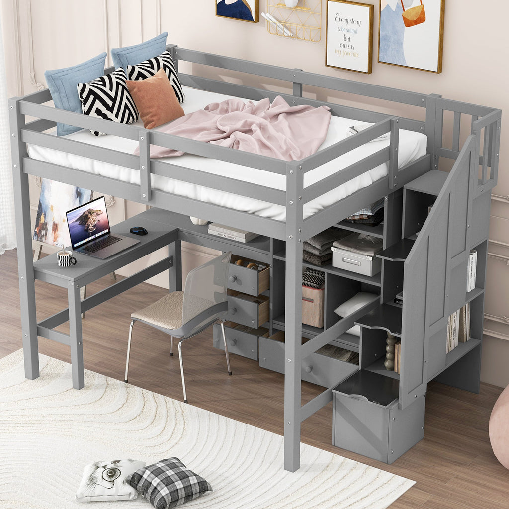 Full Size Loft Bed with L-Shaped Desk and Drawers