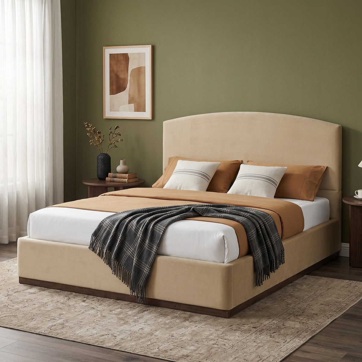 Queen Size Upholstered Bed Frame With Velvet Fabric