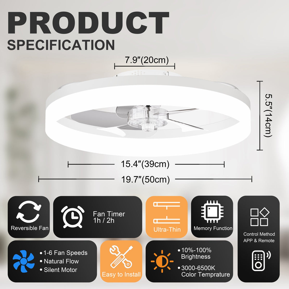 19.7'' LED Ceiling Fan Light with Remote & App Control