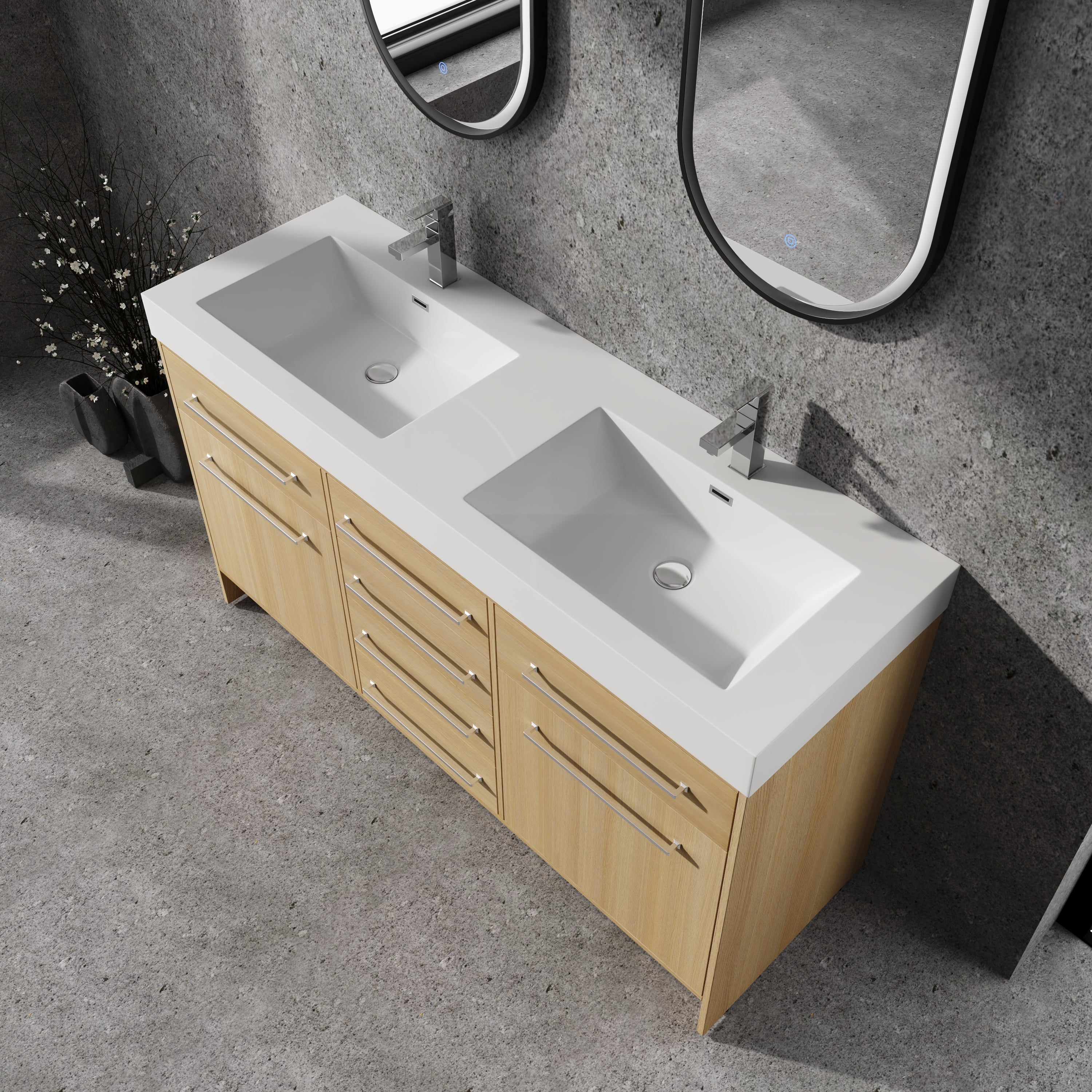 60" Freestanding Bathroom Vanity with Double Resin Sink