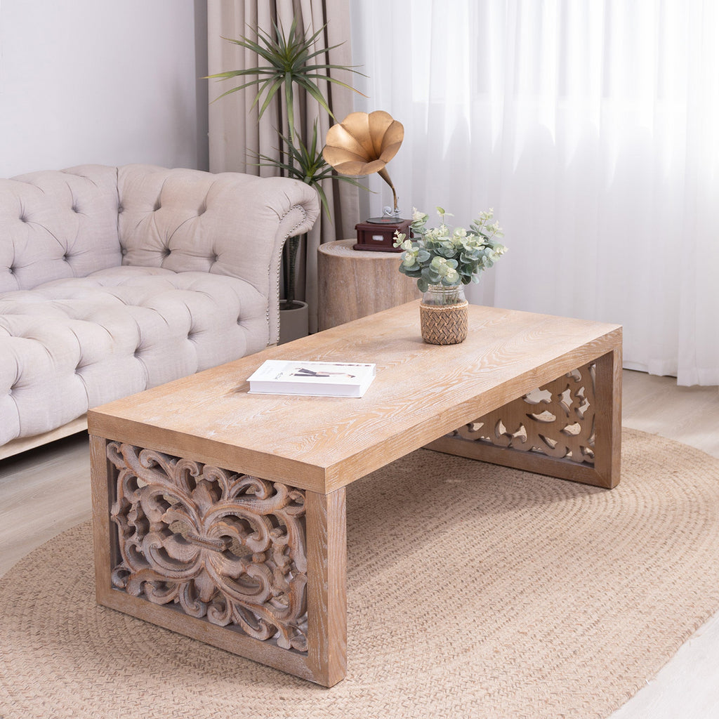 47.2" Rustic Carved Wood Coffee Table