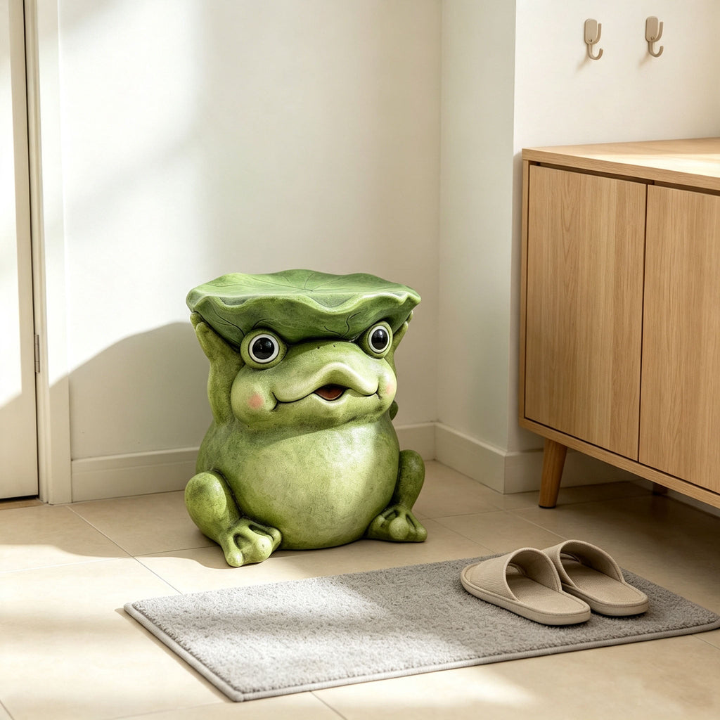 12'' Cute Frog Statue With Lotus Leaf Hat