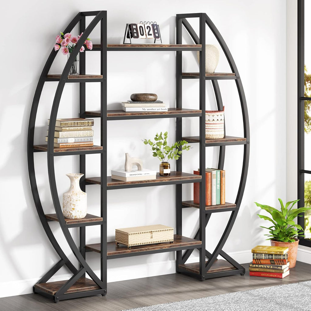 55" Triple Wide Oval Industrial Rustic Bookcase