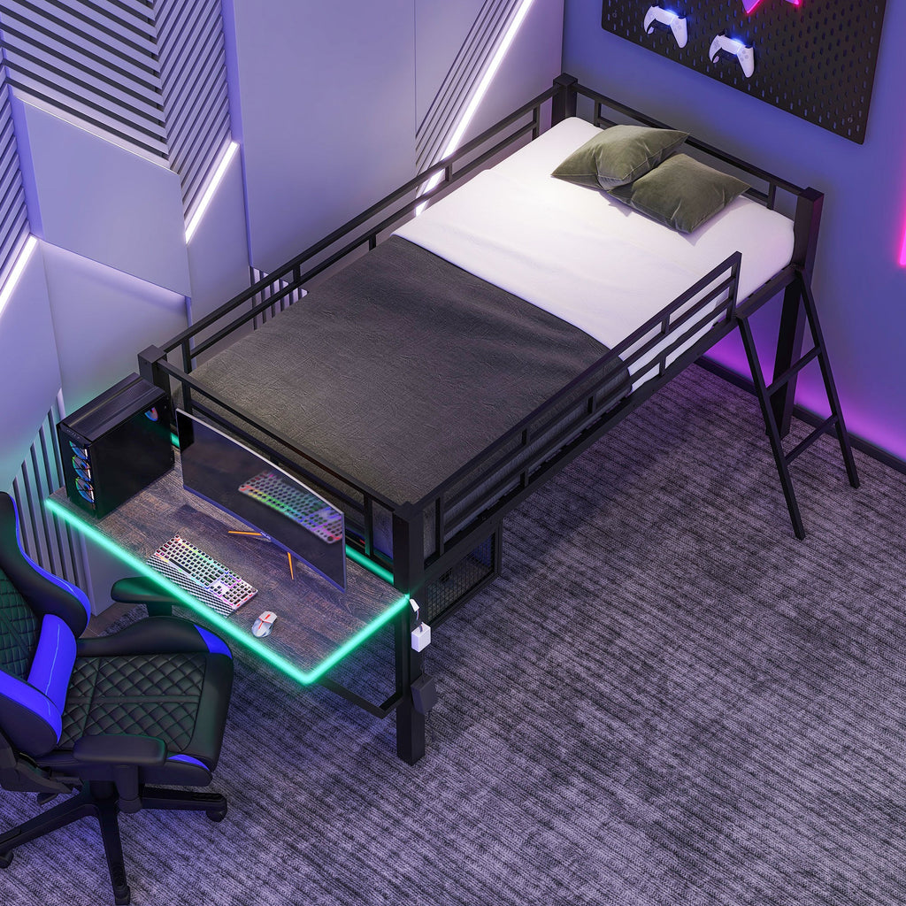 Gaming Mid Loft Bed With Desk & LED, Twin Size