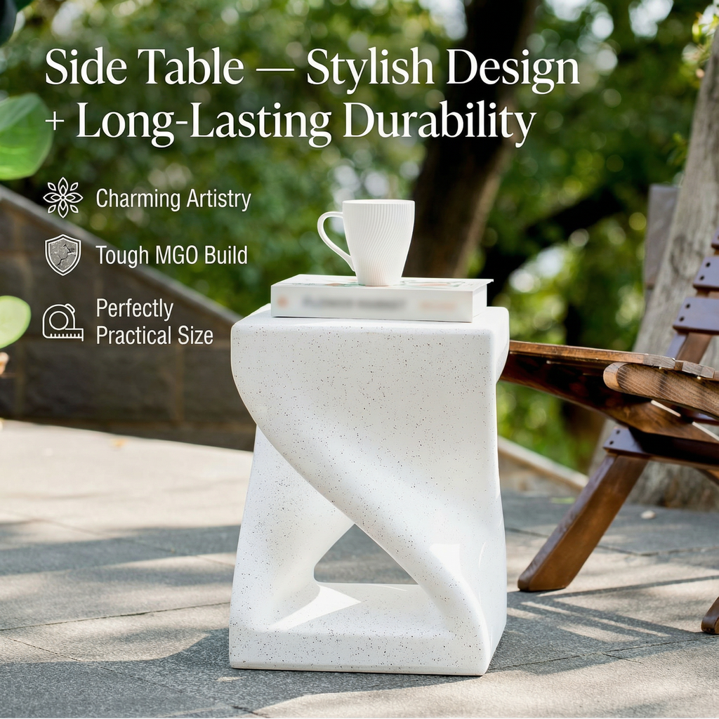 Modern Twisted-Base Terrazzo-Speckled MGO Side Table