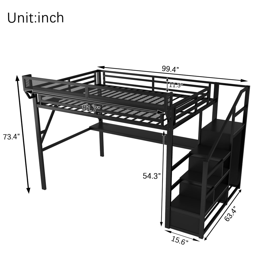 Queen Loft Bed with Desk and Charging Station