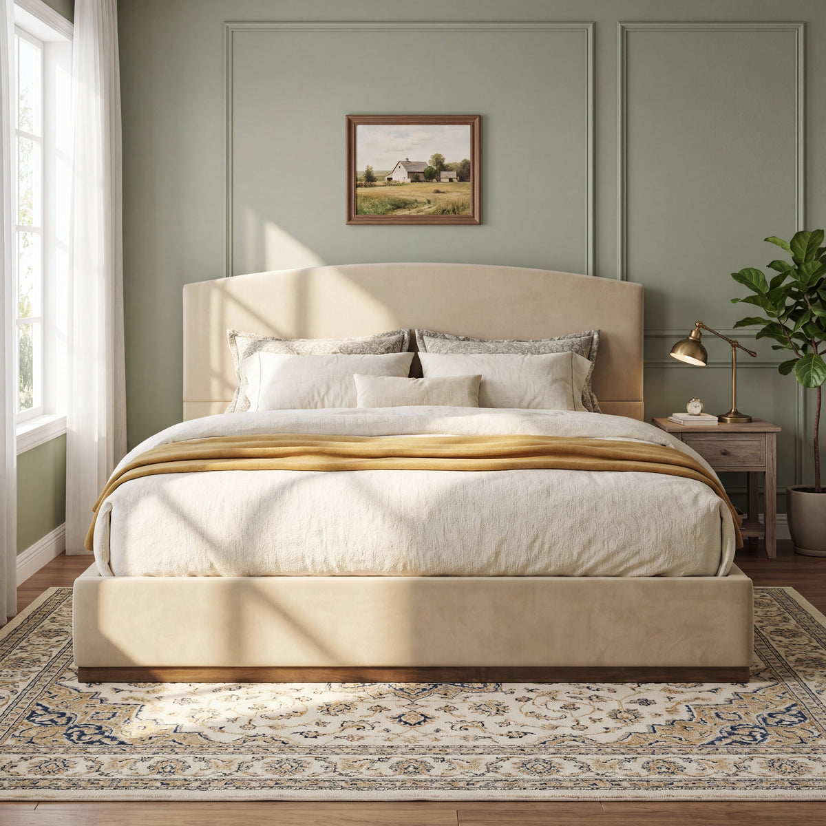 King Size Upholstered Bed Frame With Velvet Fabric Thick Headboard