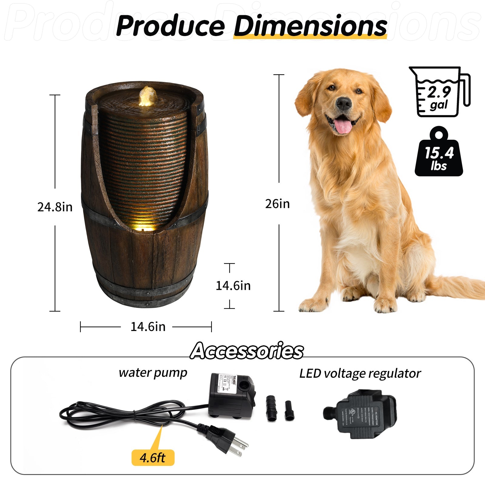 Outdoor Barrel Water Fountain with Lights