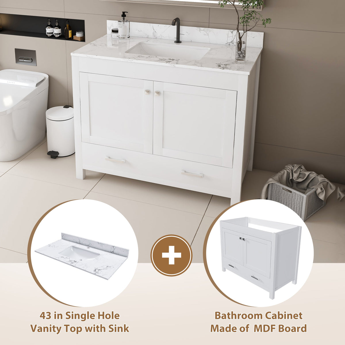 Modern 43" Bathroom Vanity with Artificial Marble Carrara