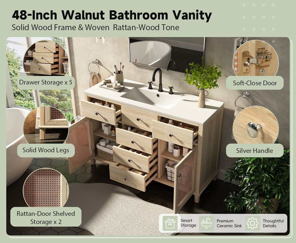48-Inch Natural Rattan Bathroom Vanity