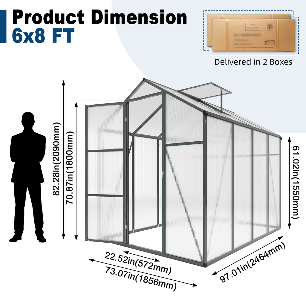6x8FT Walk-in Outdoor Greenhouse - Polycarbonate