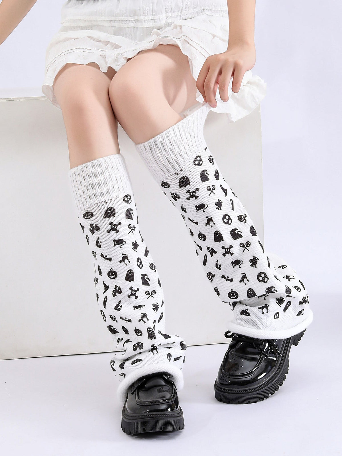 Women Girls Neon Halloween Print Knit Flared Leg Warmers Slouch Socks For Party Clubwear