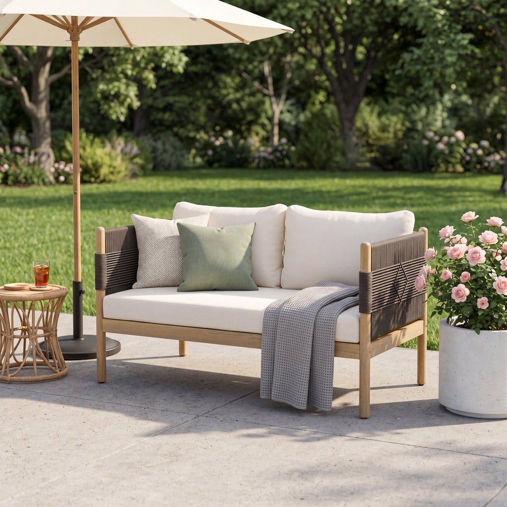 Outdoor Acacia Wood Loveseat with Diamond Rope Weave & Cushions, Light Teak