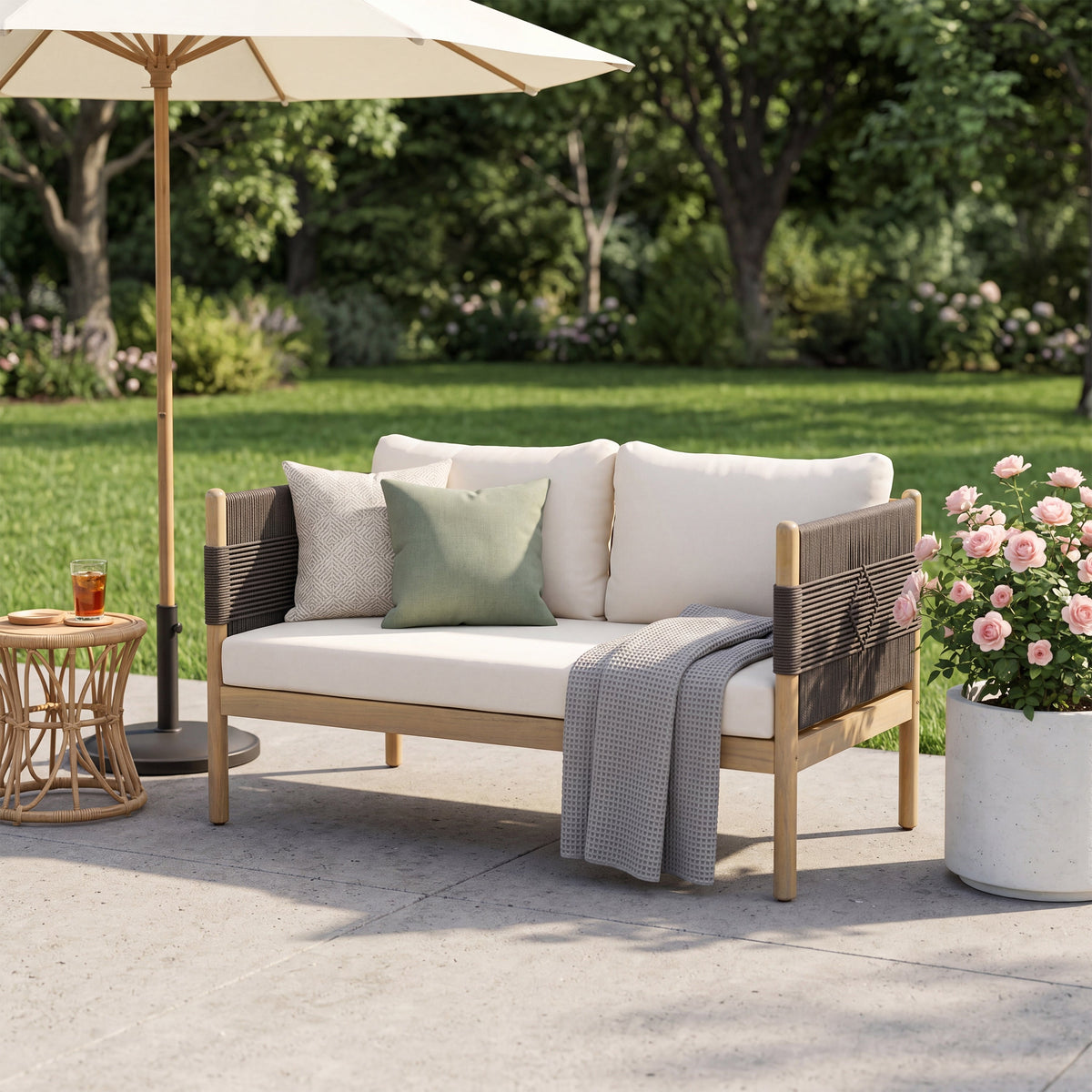 Outdoor Acacia Wood Loveseat with Diamond Rope Weave & Cushions, Light Teak