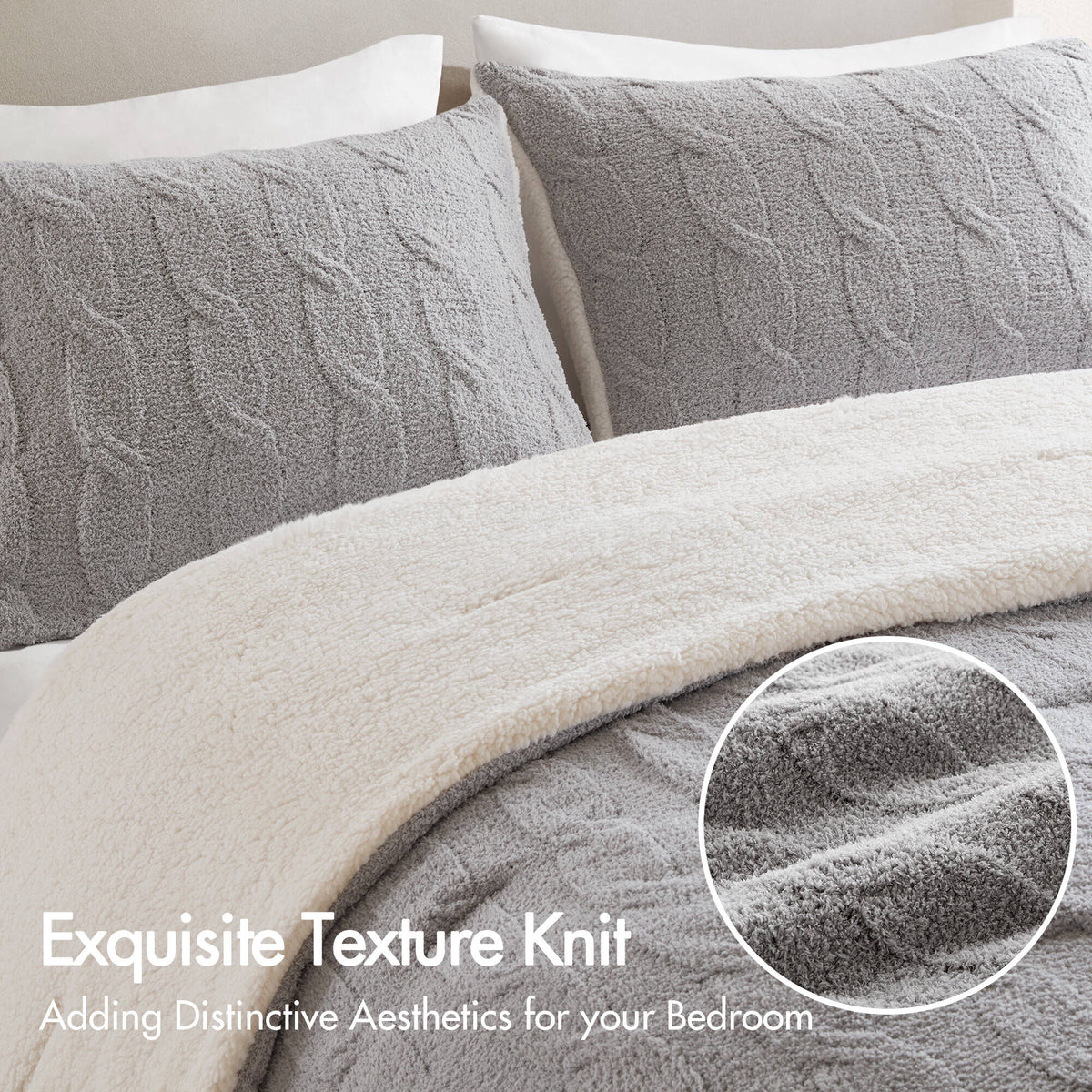 3 Pieces Full/Queen Cable Knit Chenille Comforter Set
