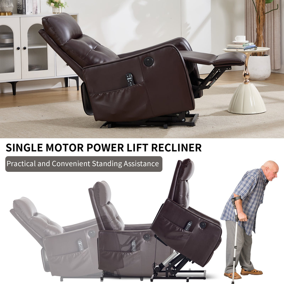Brown PU Single Motor Power Lift Recliner Chair