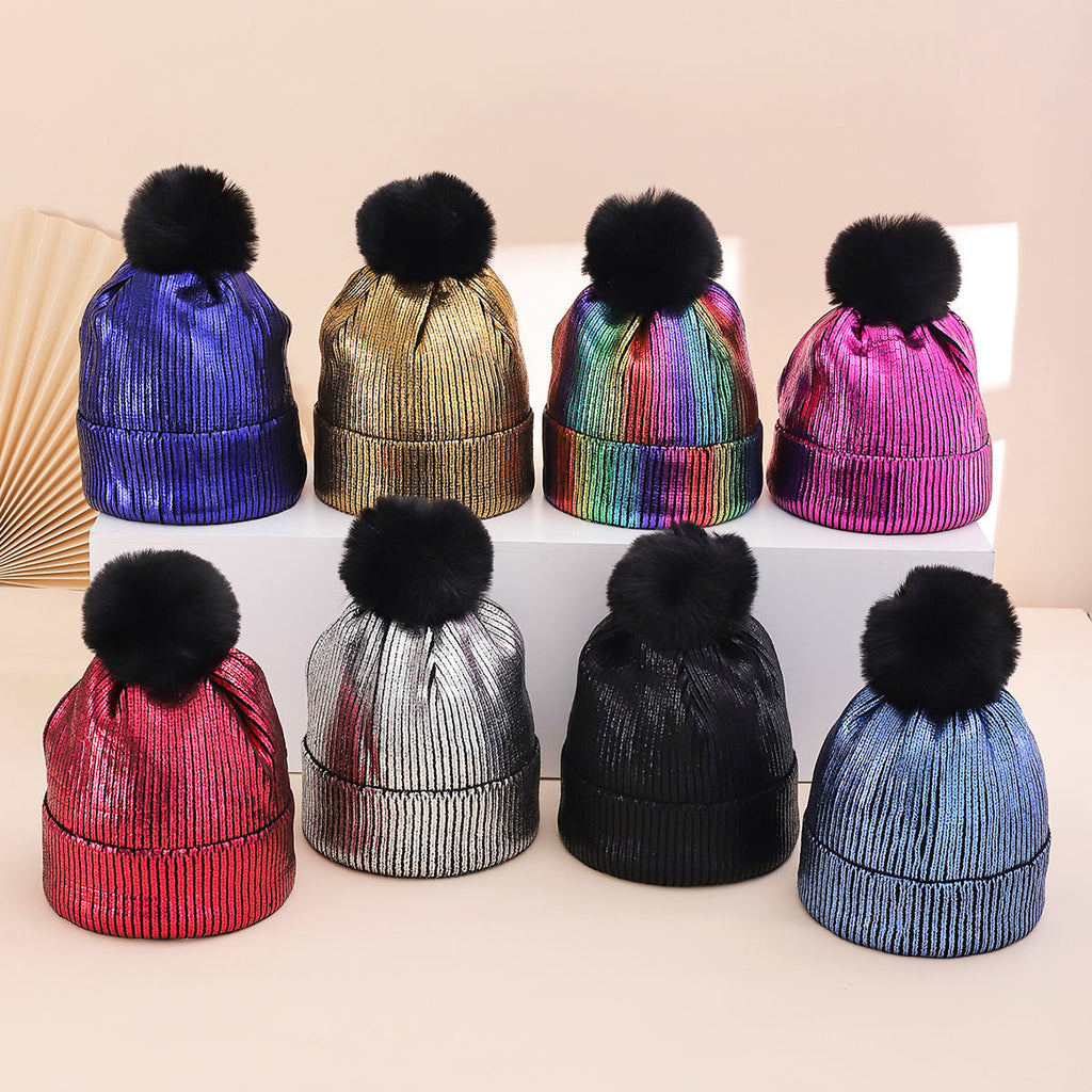 Colorful Stamped Gold Large Wooly Ball Knitted Hood For Autumn Winter With Vertical Stripes And Flared Edges  Warm And Stylish Knitted Hat