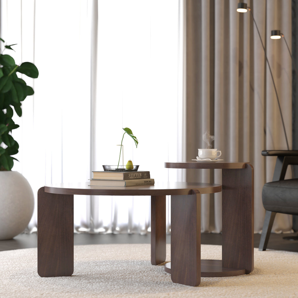 32.68 Inch Nesting Round Wood Coffee Table with End Table Set of 2