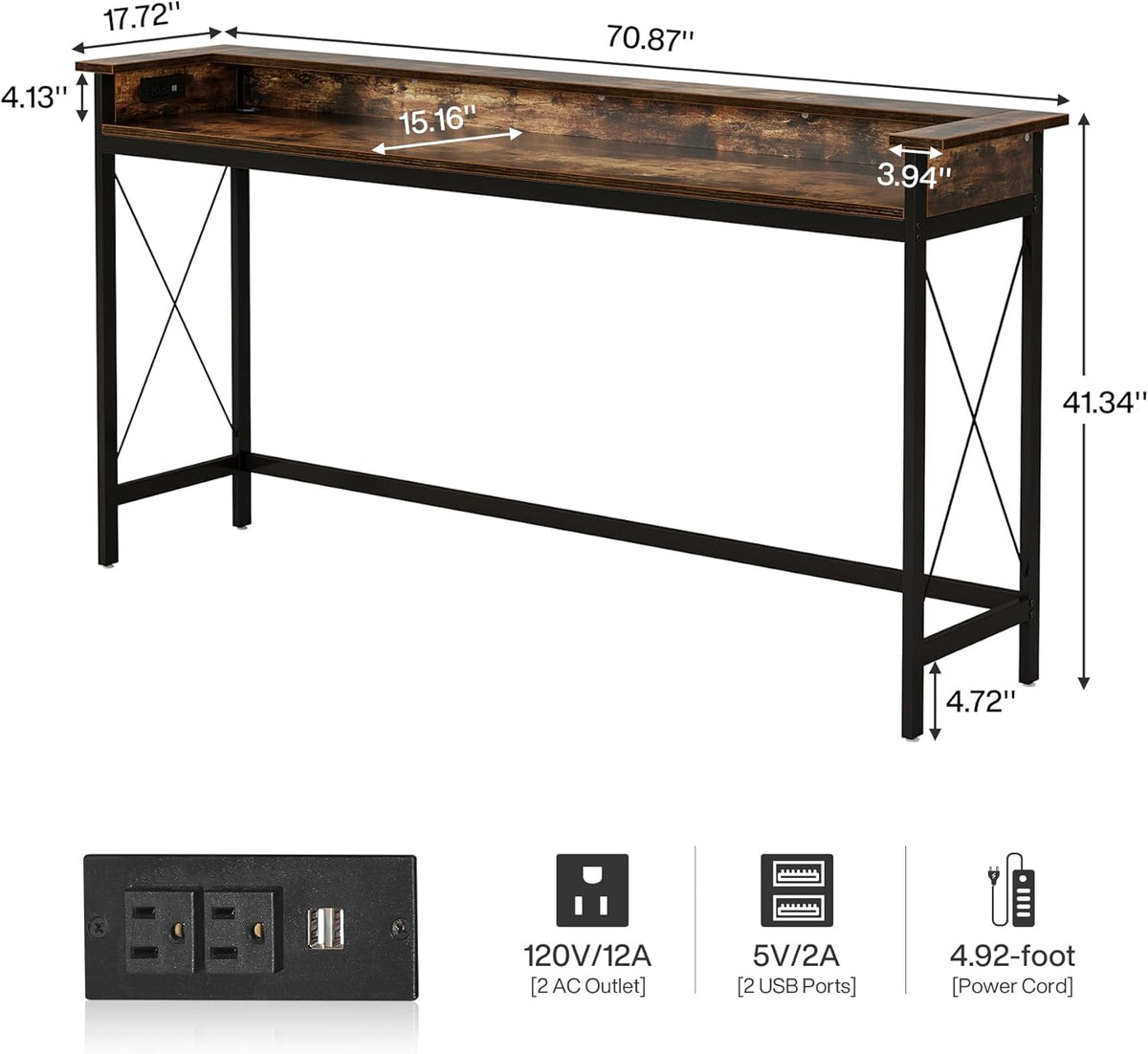 70.9" Extra Long Console Table with Power Outlets & USB Ports