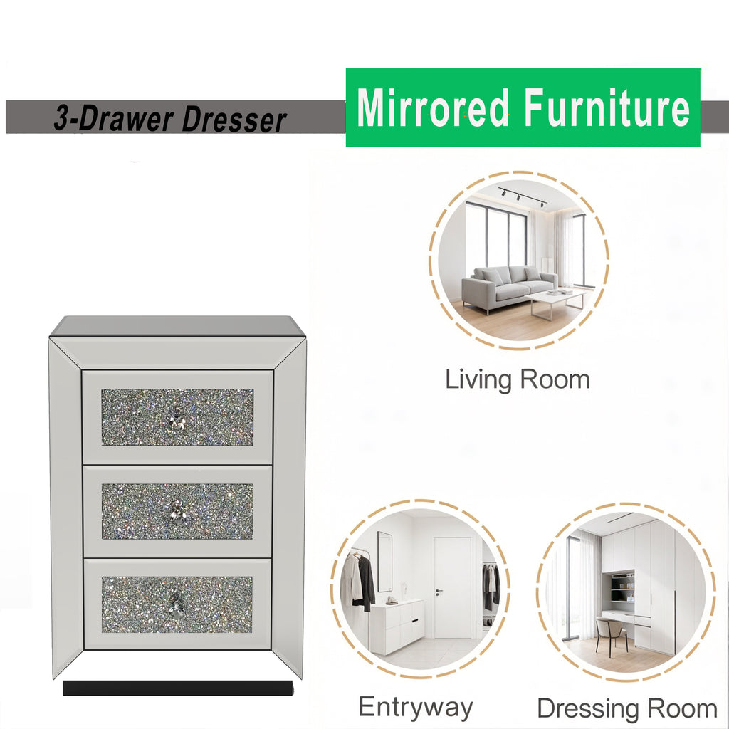 Mirrored Nightstand 3 Drawer