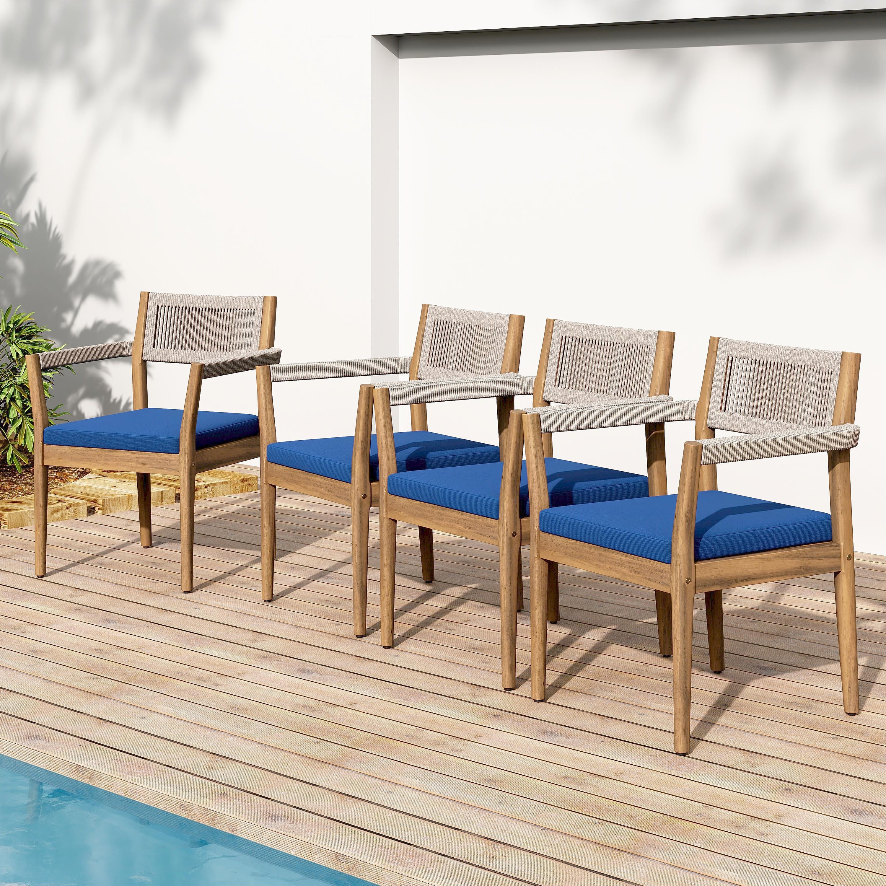 Braided Acacia Wood Outdoor Dining Chairs Set of 4
