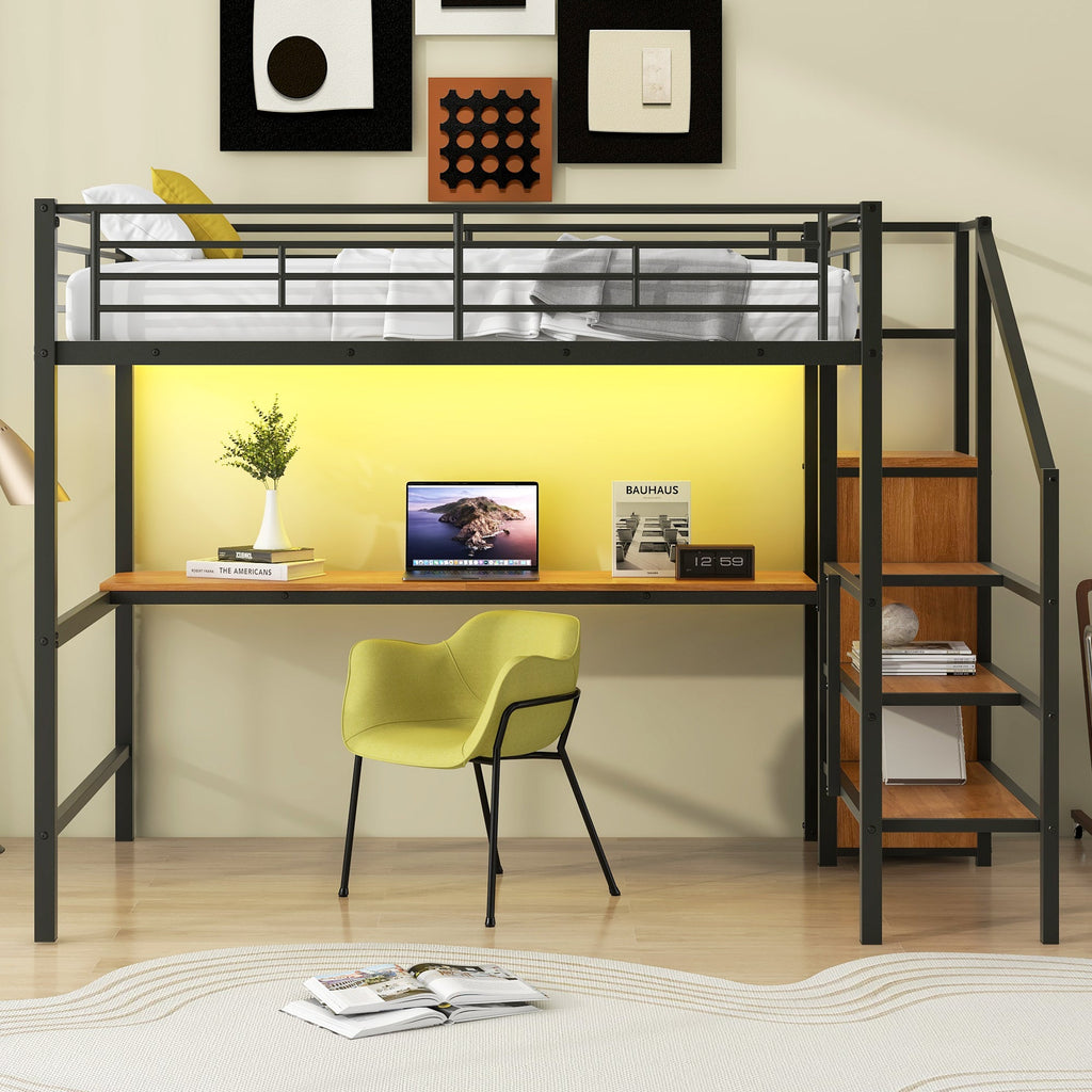 Full Size Metal Loft Bed with Desk, Storage Staircase, Small Wardrobe and LED Light
