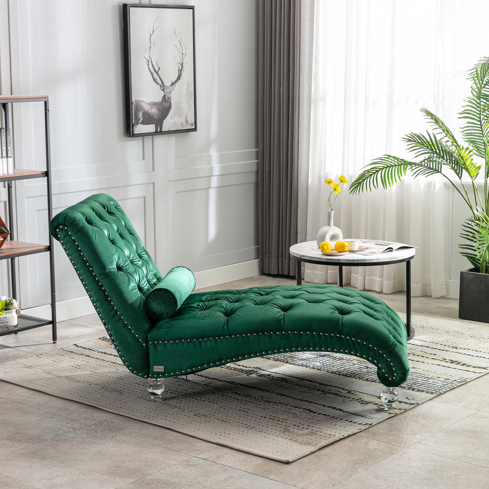 Velvet Chaise Lounge Indoor Chair (Emerald Velvet)