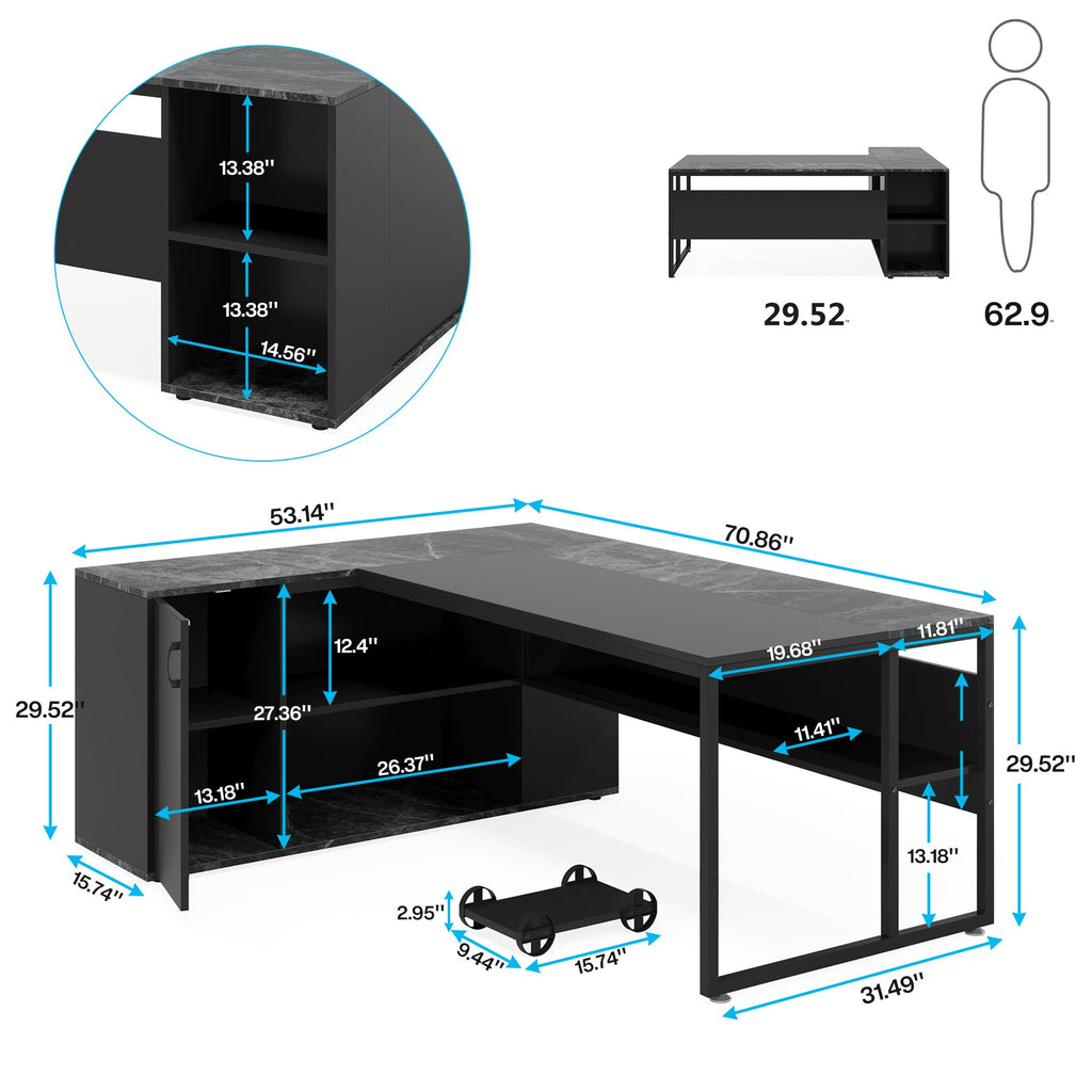 71" L-Shaped Executive Desk with Storage Cabinet & Shelves
