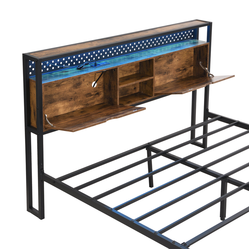 Queen Size Metal Platform Bed Frame with USB Charging Station