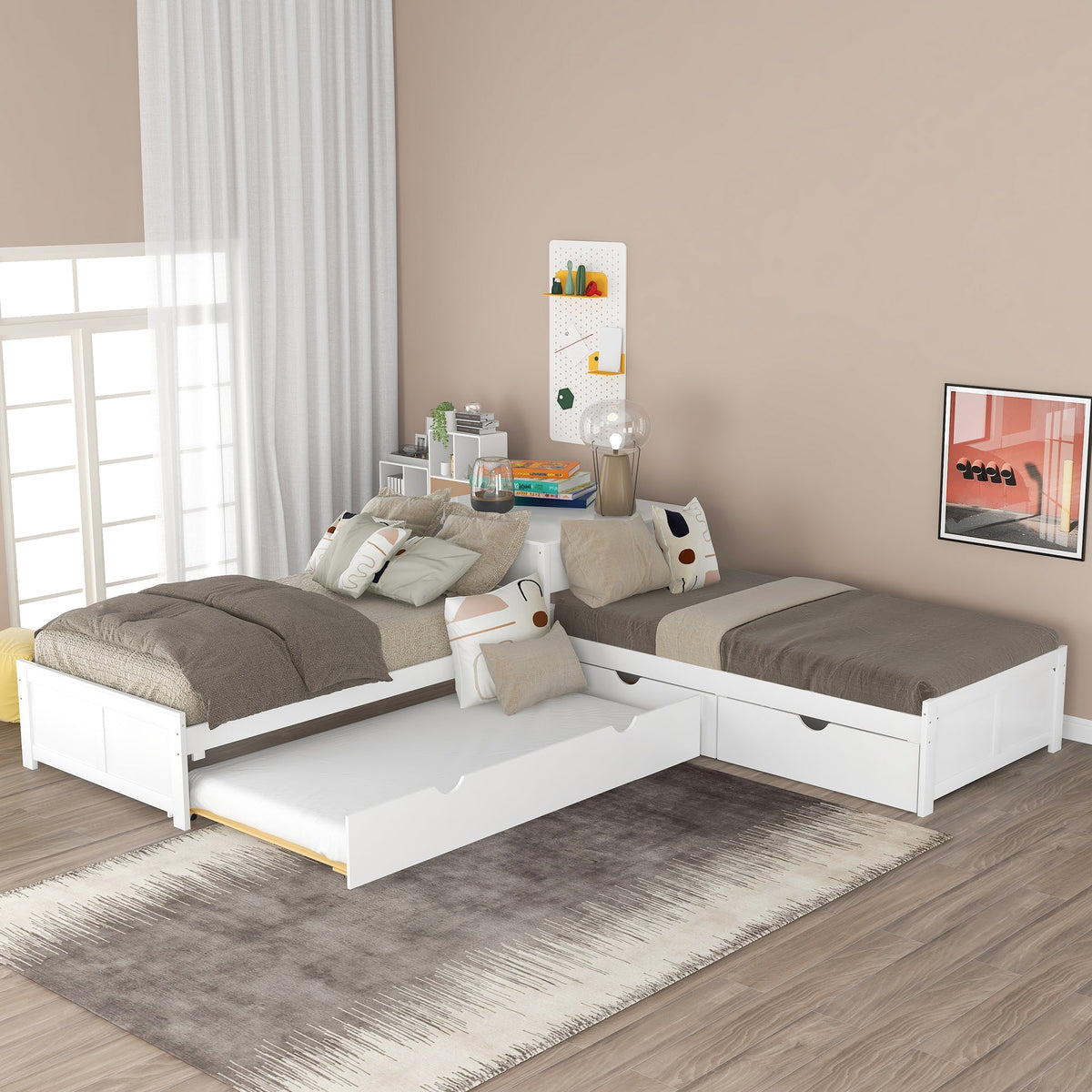L-shaped Platform Bed with Trundle and Built-in Desk
