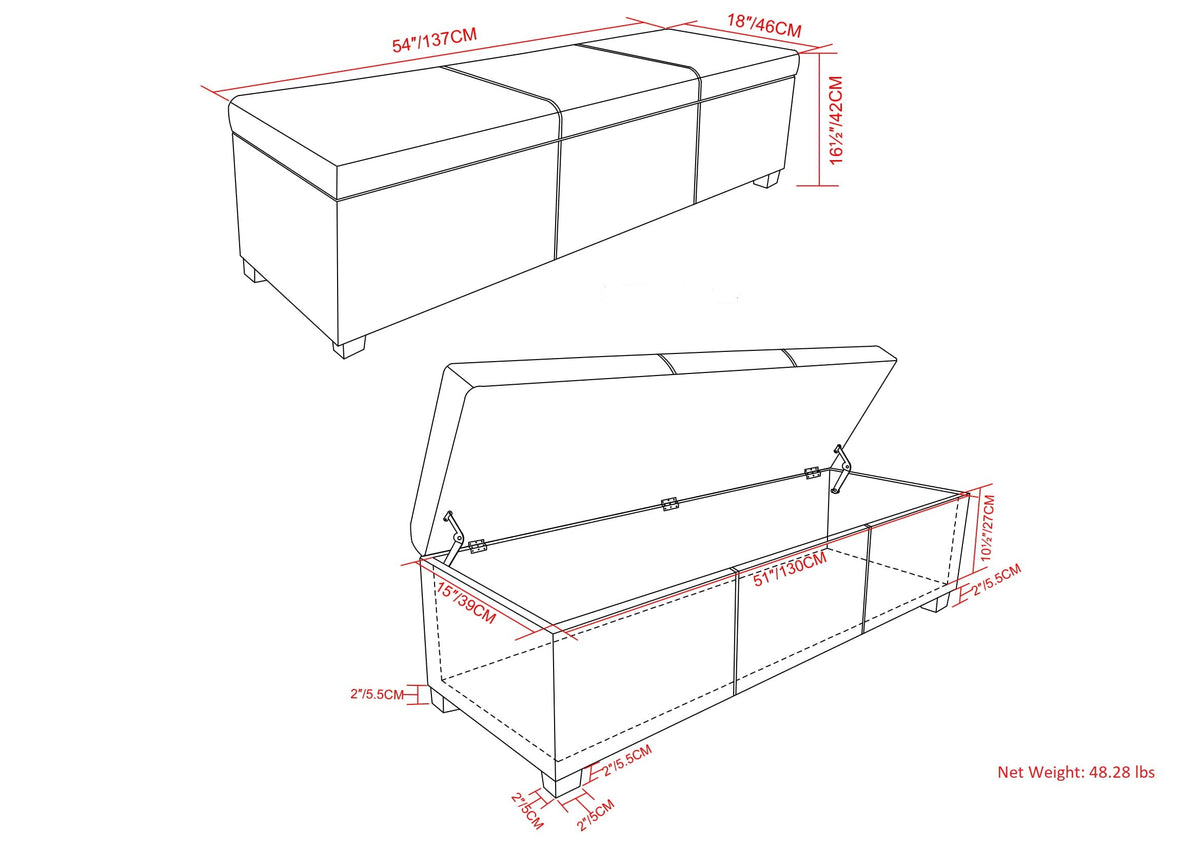 Avalon 54 Inch Wide Extra Large Storage Ottoman Bench in Satin