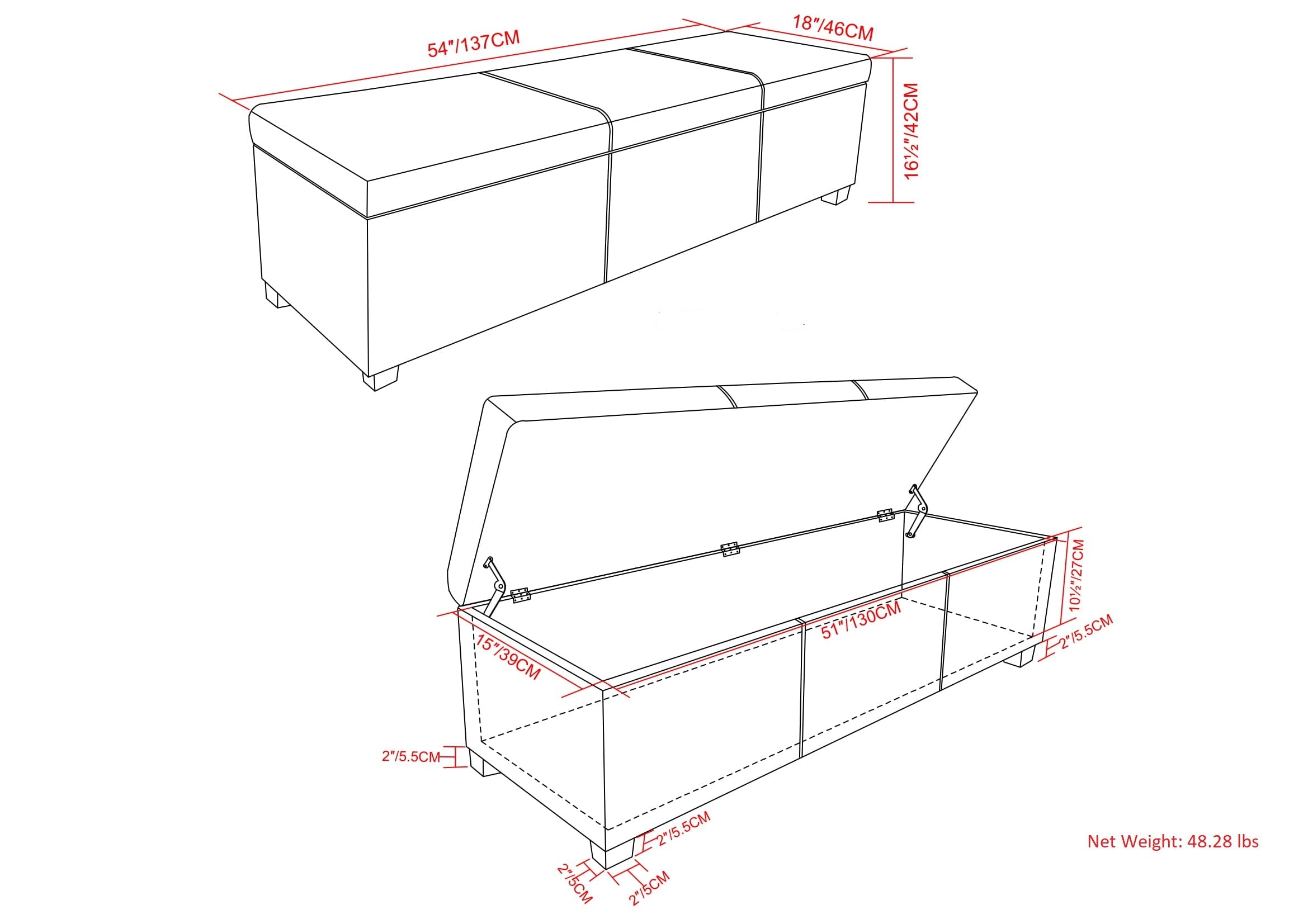 Avalon 54 Inch Wide Extra Large Storage Ottoman Bench in Cloud