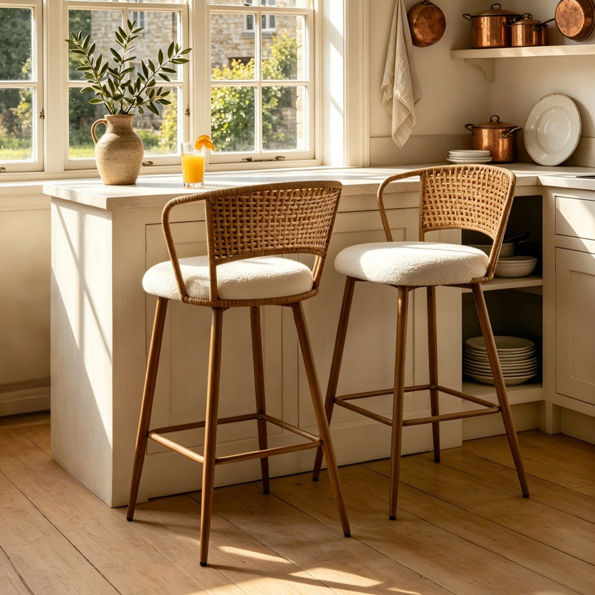Rattan Backrest Bar Stools Set of 2