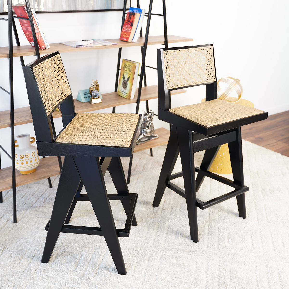 Keira Mid-Century Rattan Bar Stool Set of 2 with Leather Seat