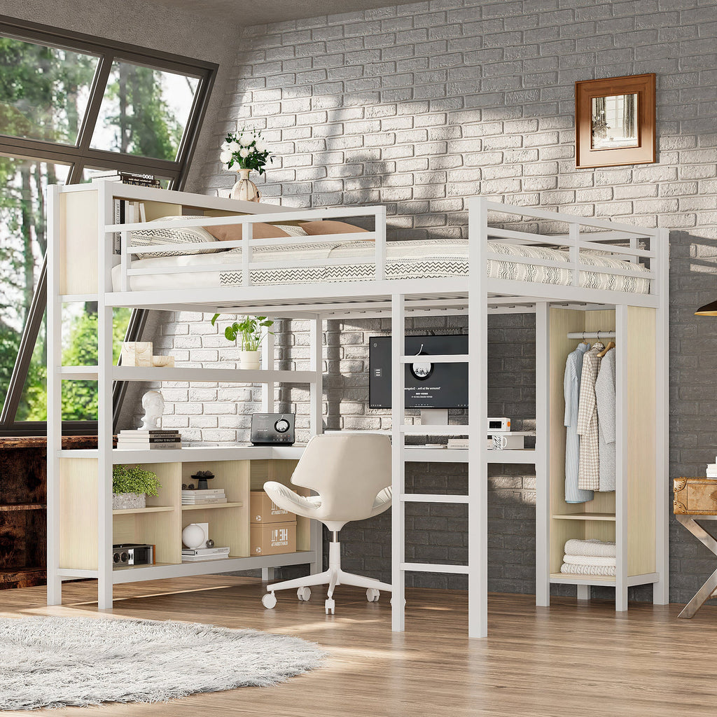 Metal Loft Bed with Wardrobe and L-shaped Desk