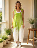 Women Green Gradient Wave Print Tie Strap Overalls, Loose Wide Leg Rolled Cuff Casual Jumpsuit With Pockets