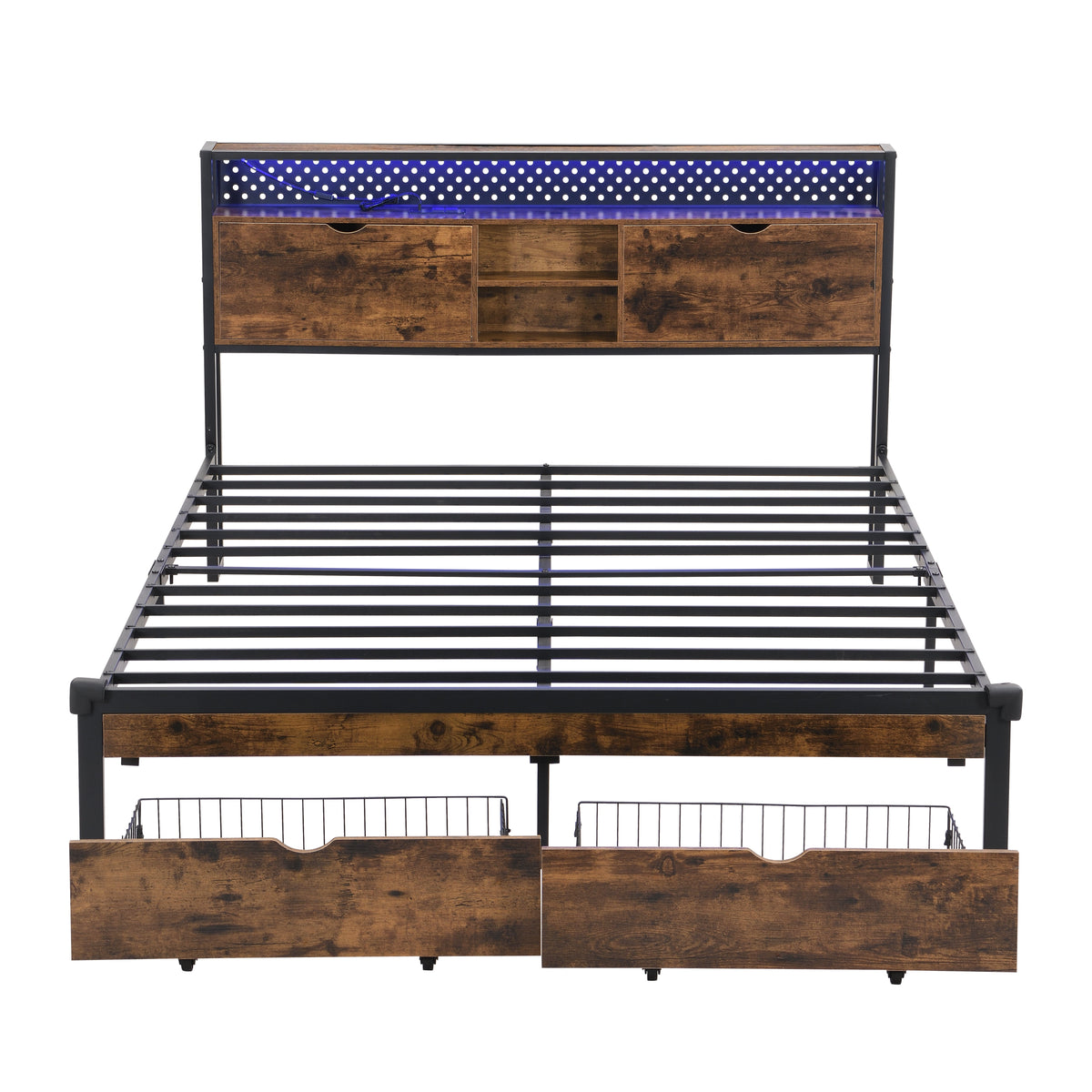 Queen Size Metal Platform Bed Frame with USB Charging Station