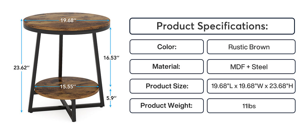19.68" Industrial End Table with Storage Shelf