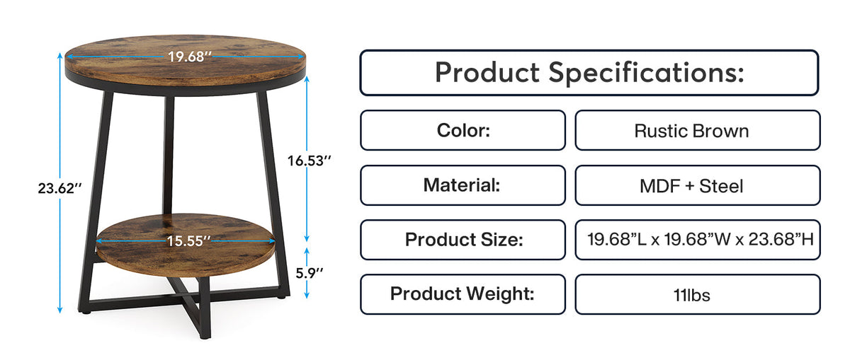 19.68" Industrial End Table with Storage Shelf
