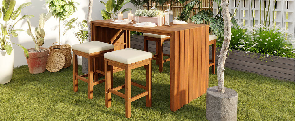 5 Piece Outdoor Bar Set, Patio Acacia Wood Bar Height Table & Stools