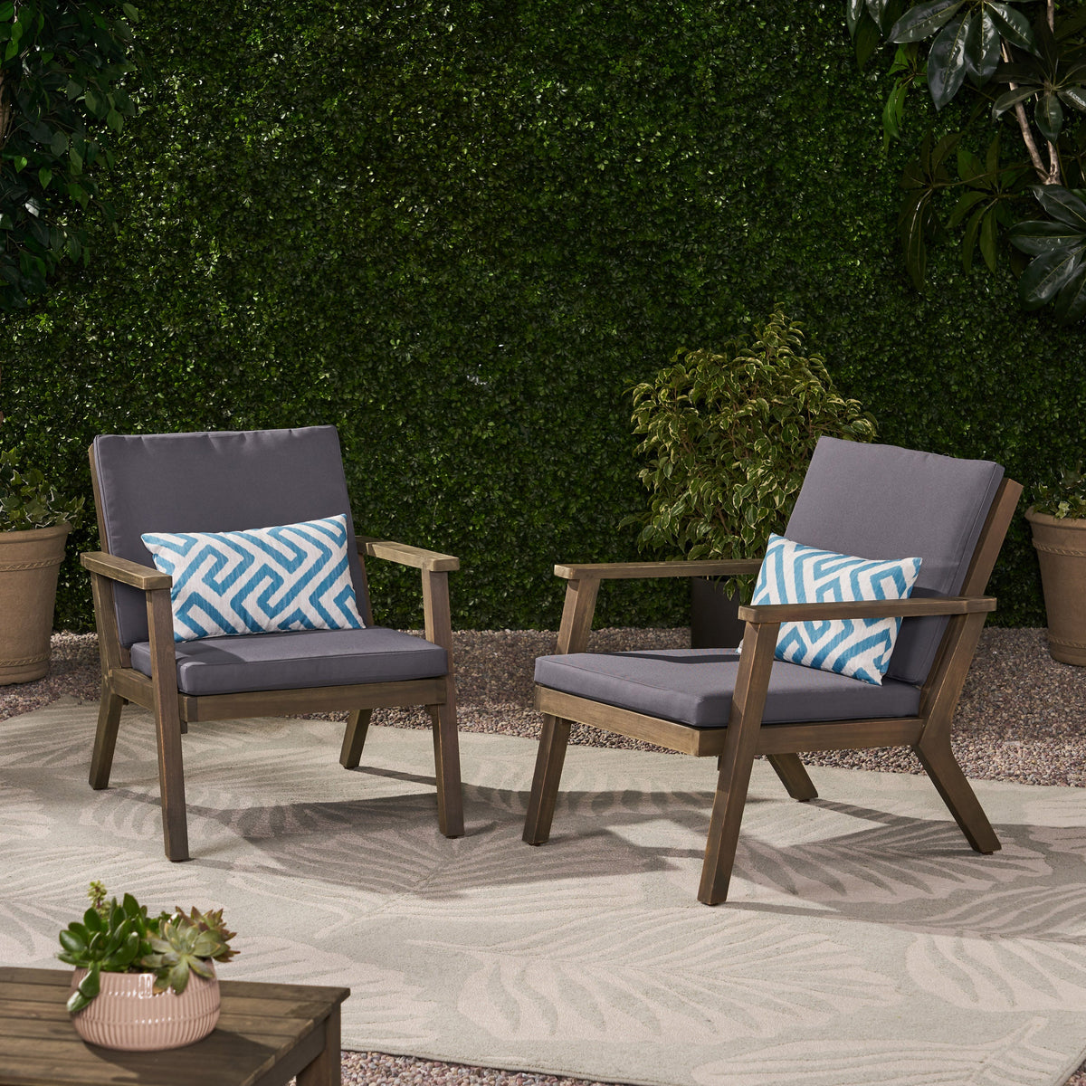 Outdoor Acacia Wood Club Chairs with Cushions (Set of 2)