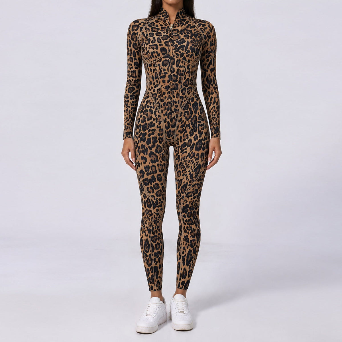 Trendy Leopard-Print Half-Zip Stand-Neck Long-Sleeve Womens Jumpsuit