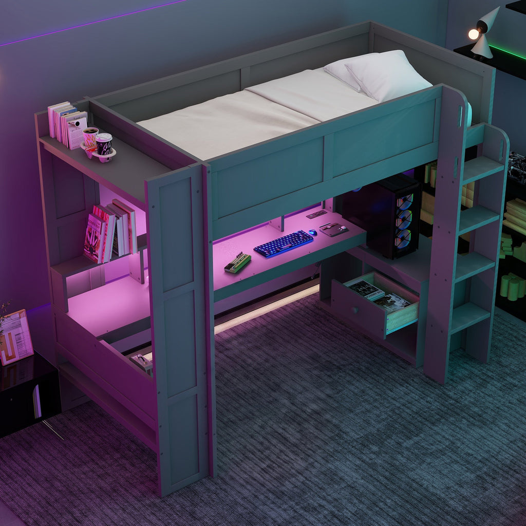 Wood Twin Size Gaming Loft Bed with Desk, Multi-storage Shelves, LED and Charging Station
