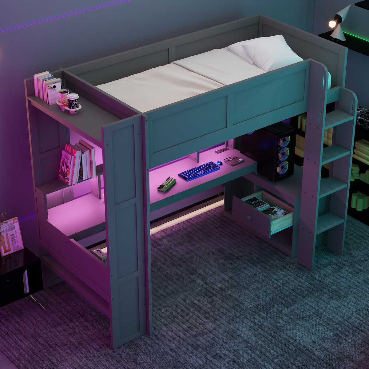 Wood Twin Size Gaming Loft Bed with Desk, Multi-storage Shelves, LED and Charging Station
