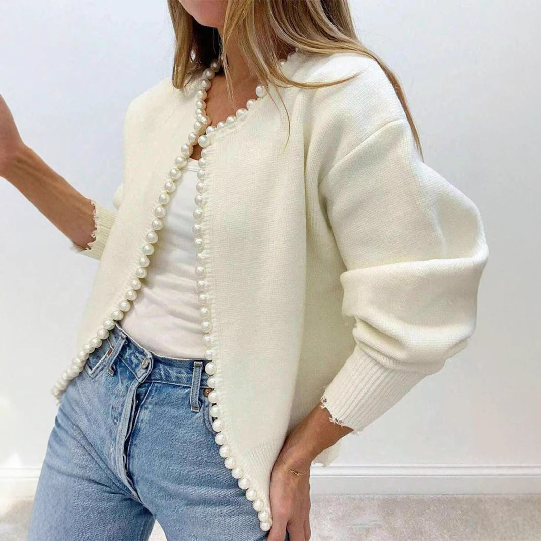 Cross-border European And American 2026 Round Neck Pearl Trim Knit Sweater Short Long Sleeve Heavy Craft Cardigan Fashion Coat For Women