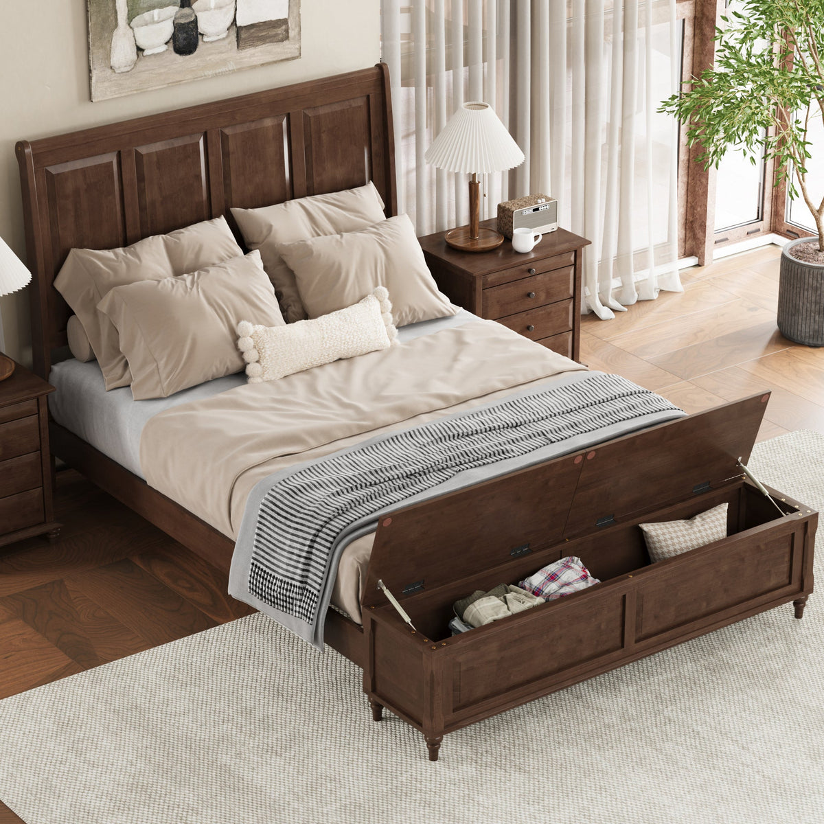 Queen Bed Frame with Tall Headboard and Storage Bench