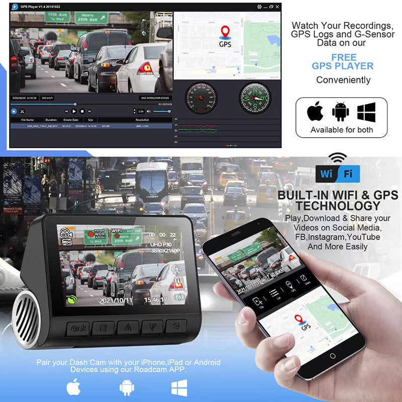 4K HD Dual Lens Dash Cam With Smartphone WiFi Connectivity And Built In GPS